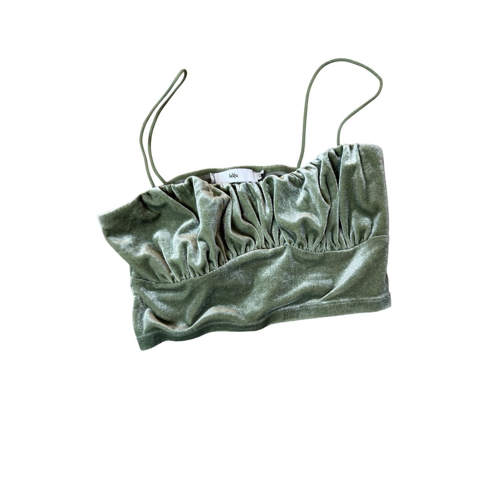 Adika Crop Top Womens XS Sage Green Velvet Ruched Spaghetti Strap Cami Bralette